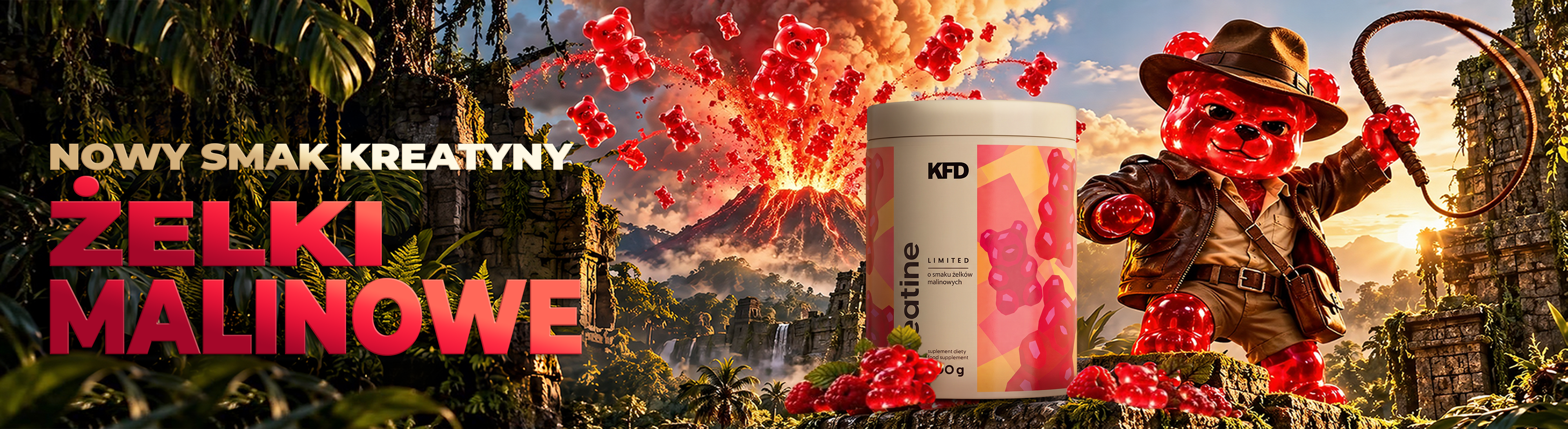 Puszka KFD Creatine 500 g o smaku żelków malinowych i żelkowy miś w kapeluszu, w tle wulkan