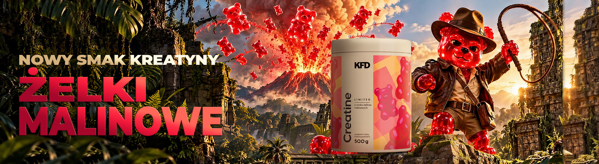 Puszka KFD Creatine 500 g o smaku żelków malinowych i żelkowy miś w kapeluszu, w tle wulkan